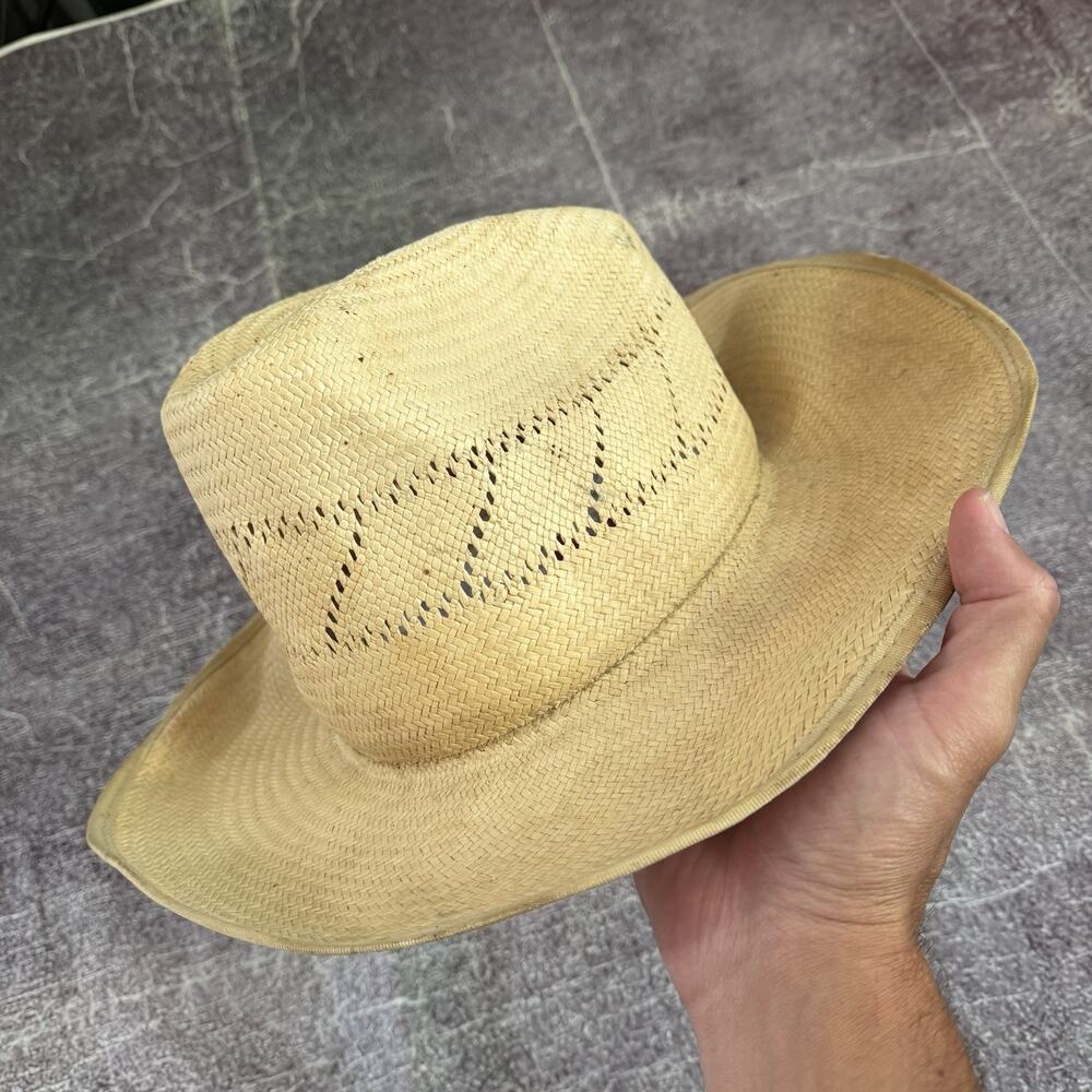 Men's Vintage 80s Atlas Scandinavian Straw Tan Western Cowboy Wide Brim Hat Sz M